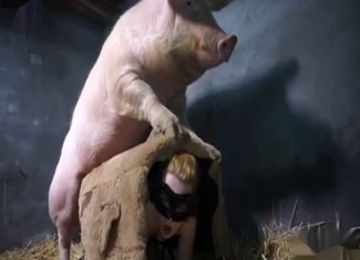 Pig pounds a masked doll with big bottom