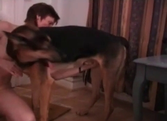 Massive doggy is practicing an oral sex